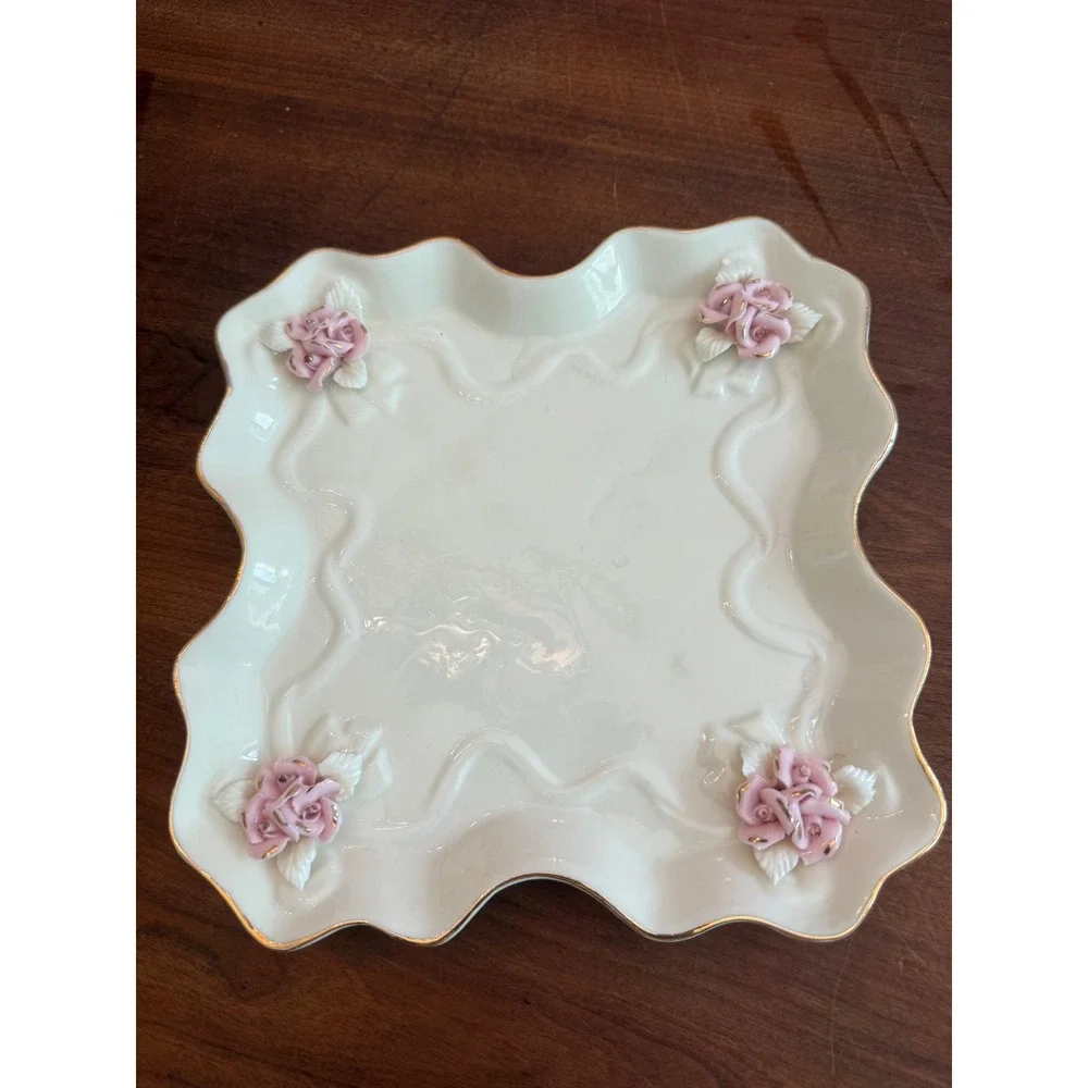 Vintage Porcelain Tea Set Pink 3D Roses Gold Trim Teapot Creamer Sugar Tray